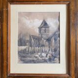 Tableau Dessin encre XIX° siècle "l'église abandonnée" signé Constant
