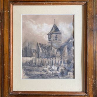 19th century ink drawing painting "the abandoned church" signed Constant