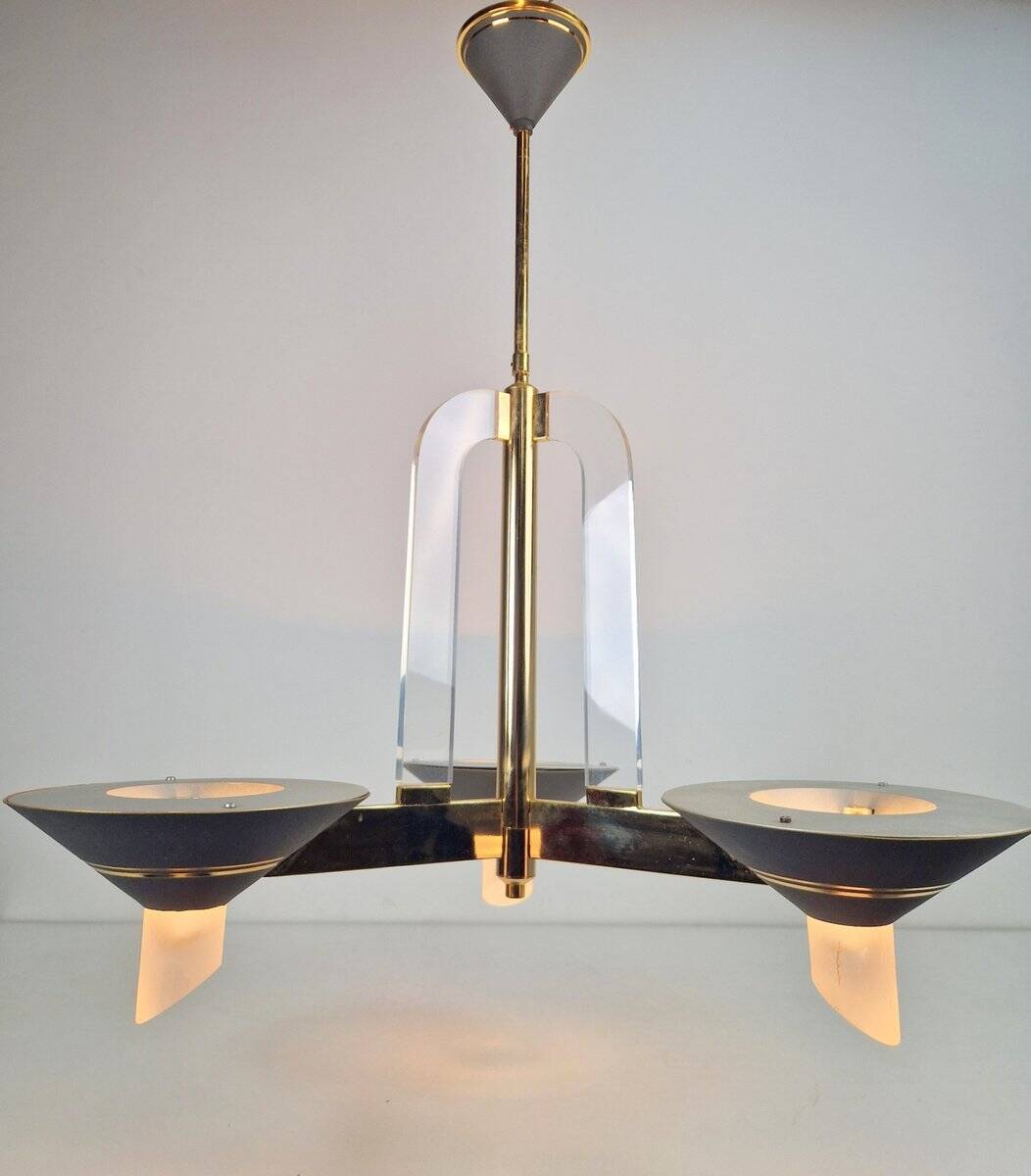 Vintage French Brass Acrylic Chandelier, 1970s