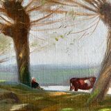 HST painting "Landscape along the water with cows" signed Paul Nicolet (20th century)