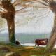 HST painting "Landscape along the water with cows" signed Paul Nicolet (20th century)