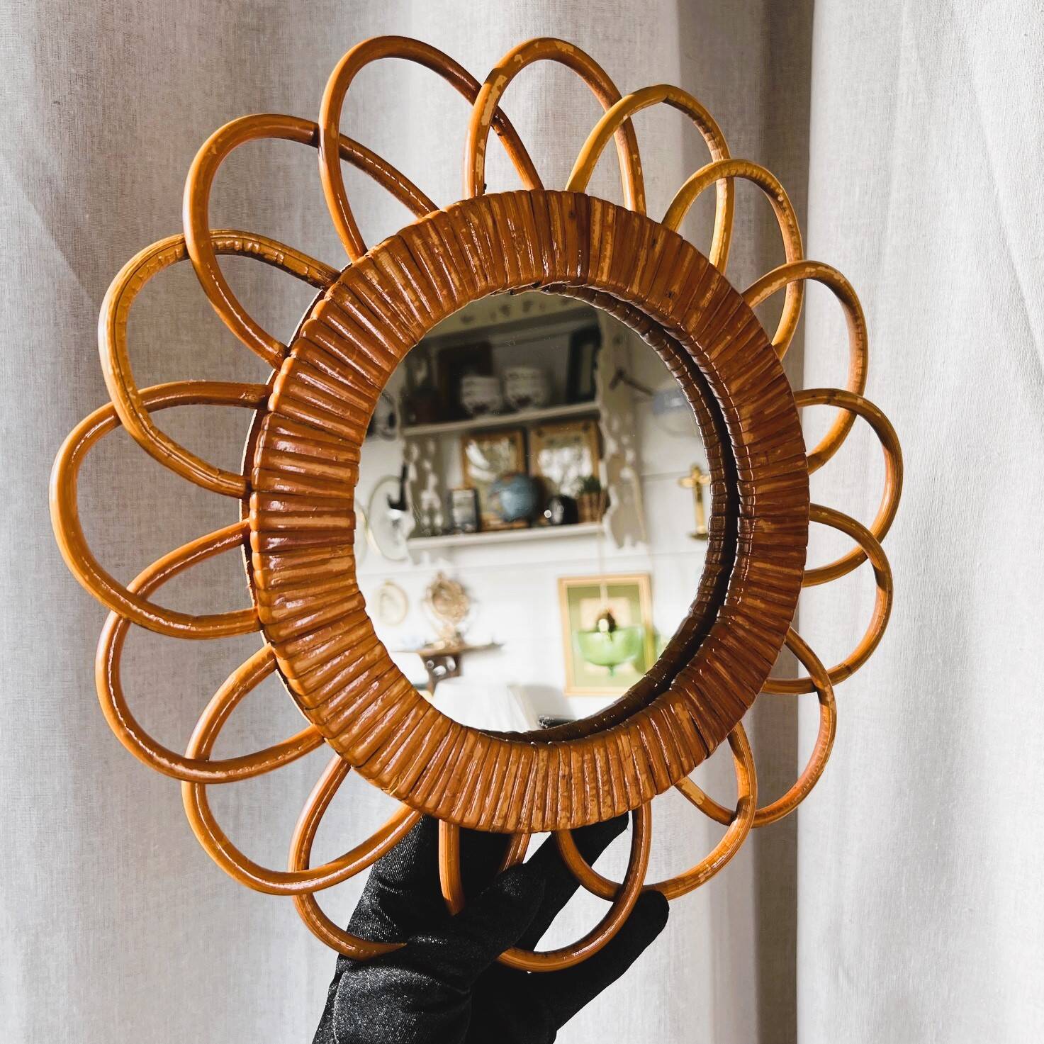 Round vintage wicker mirror