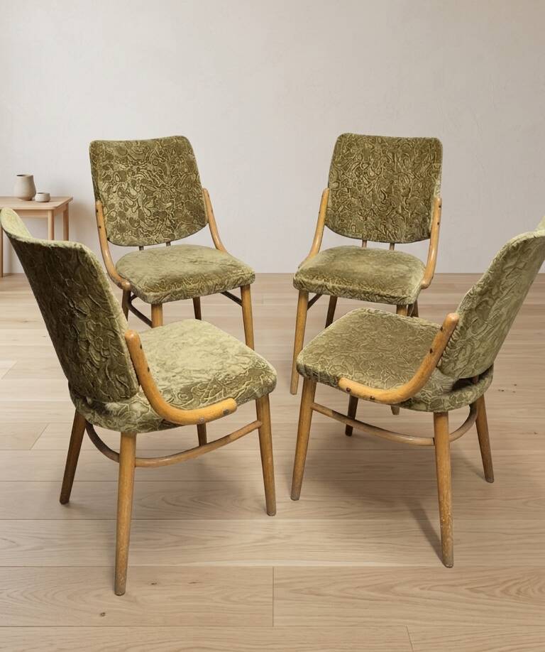 Bentwood dining chairs set of 4, retro beech wood & olive velour, TON 1960s–1970s, Czechoslovakia