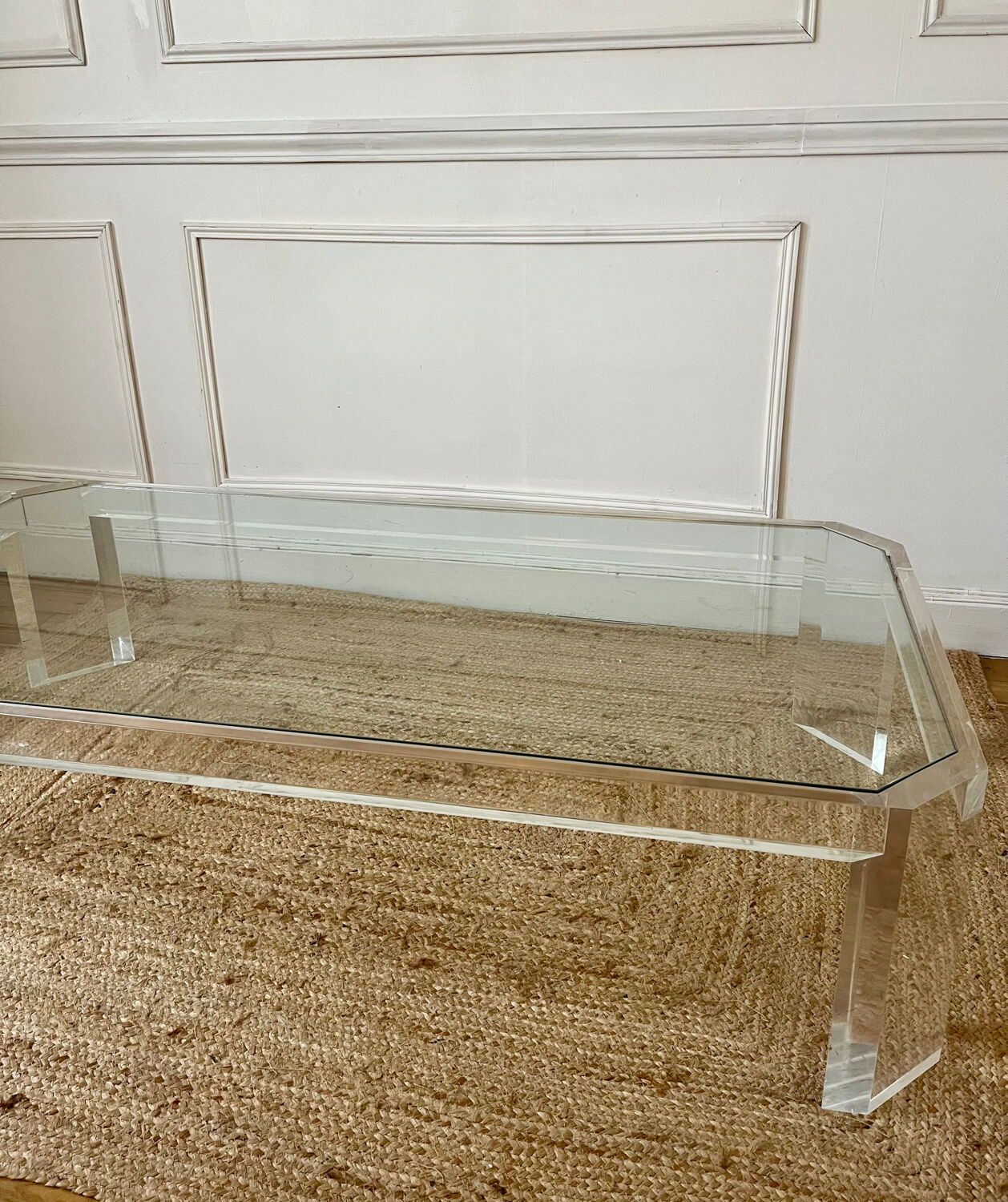 Table basse Athena en altuglas et verre David Lange, années 1970