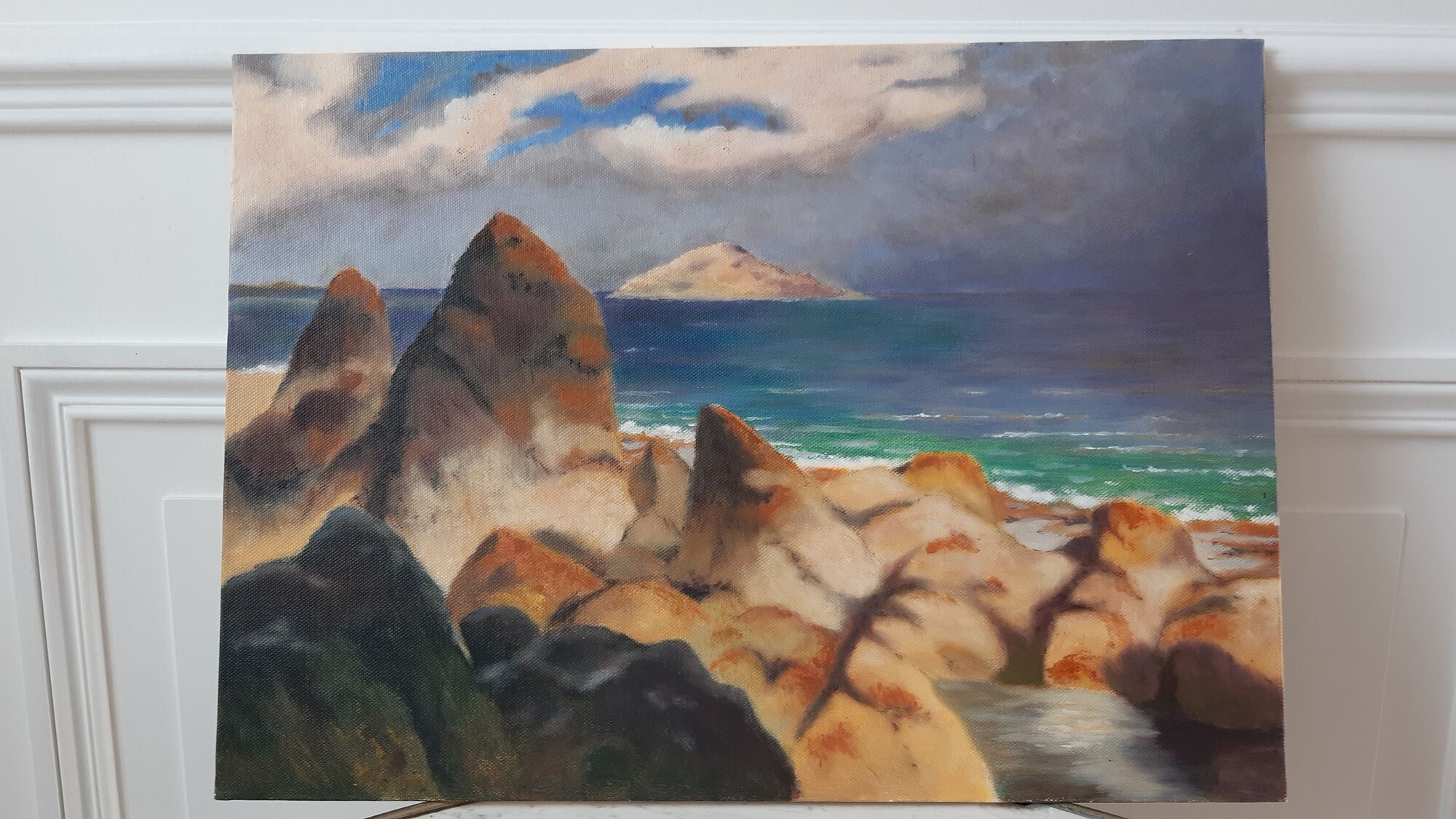 Painting / oil on cardboard Pleneuf in vintage Brittany