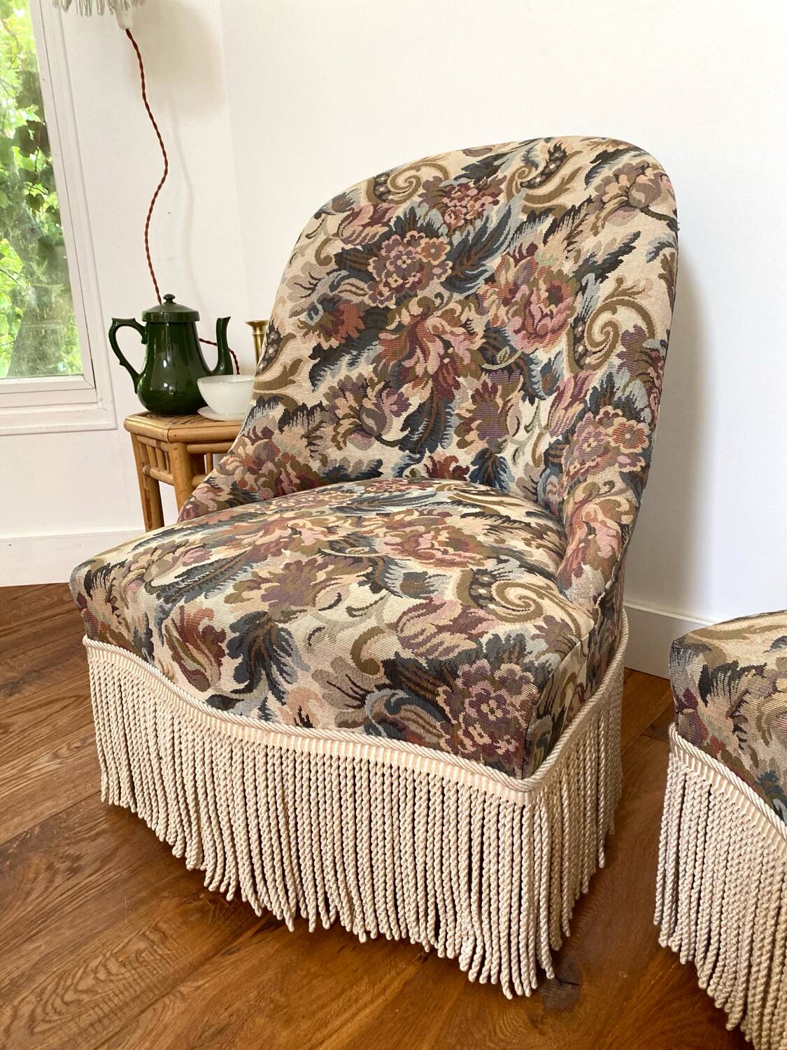 Pair of antique tapestry toad armchairs