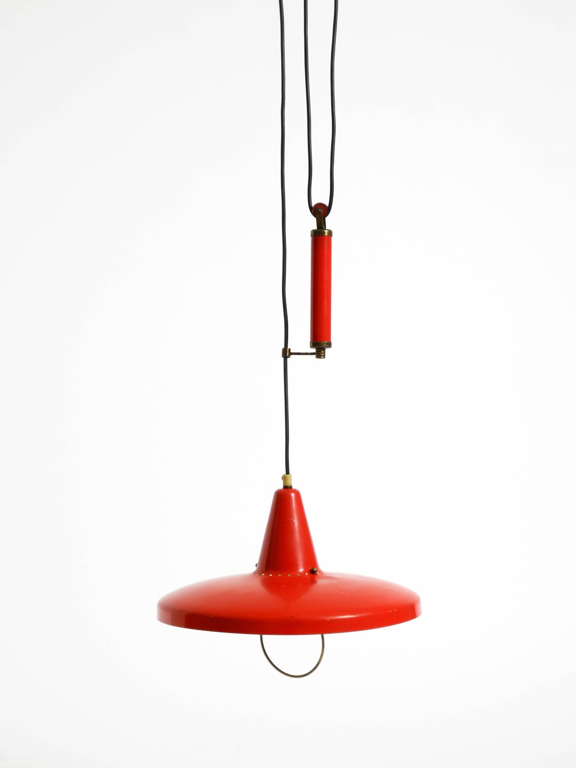 Mid-Century Modern red aluminum pendant lamp, height adjustable, Italy