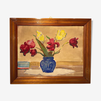 Old painting, still life with tulips, 70-80s