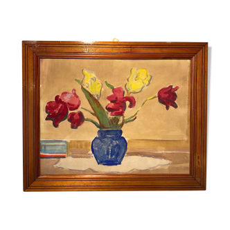 Tableau ancien, nature morte aux tulipes, années 70-80