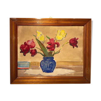 Old painting, still life with tulips, 70-80s