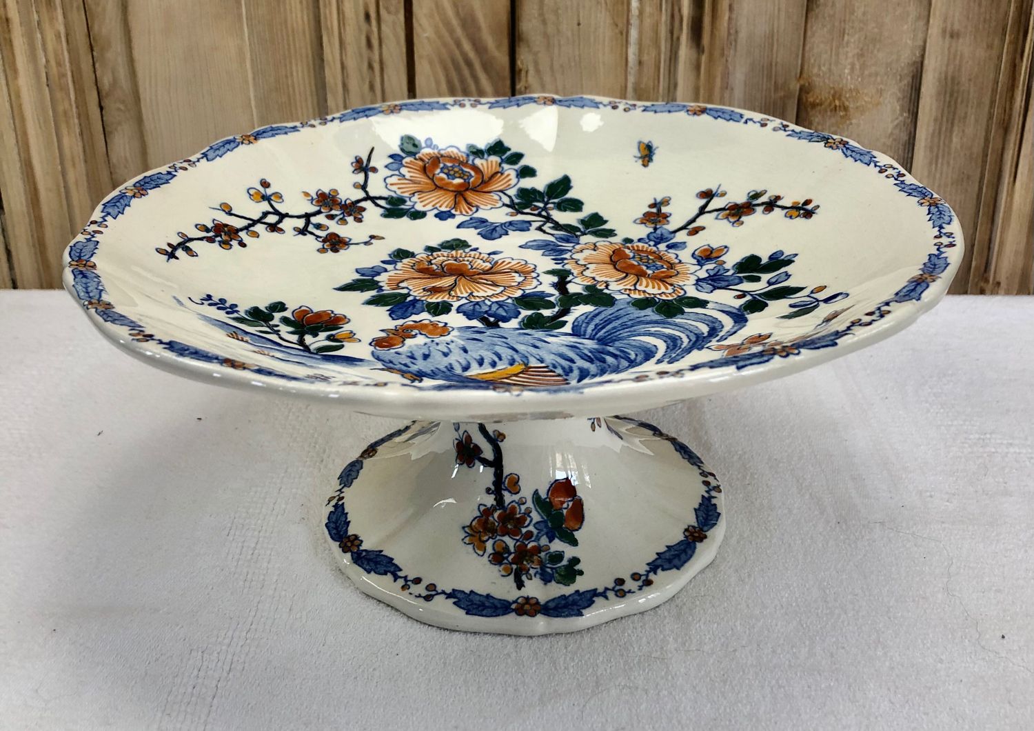 Compotier fruit cutters on pedestal Gien rooster and peonies 1938 1960