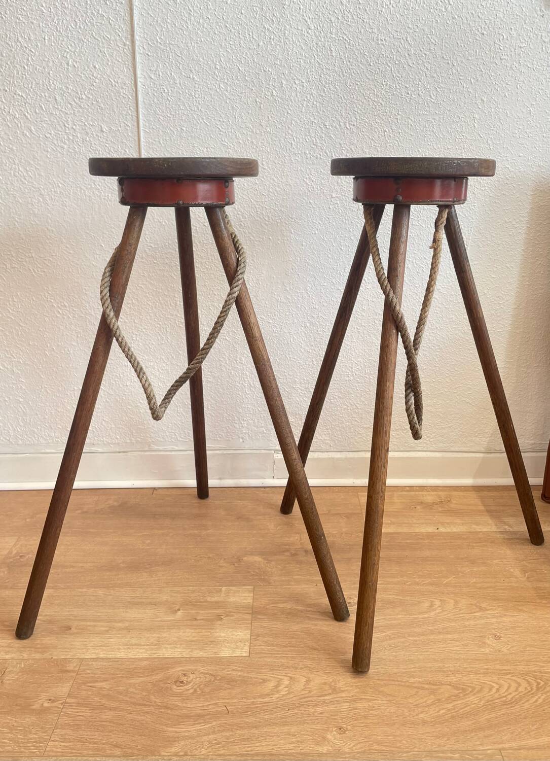 Pair of bar stools, wood and leather, circa 1950