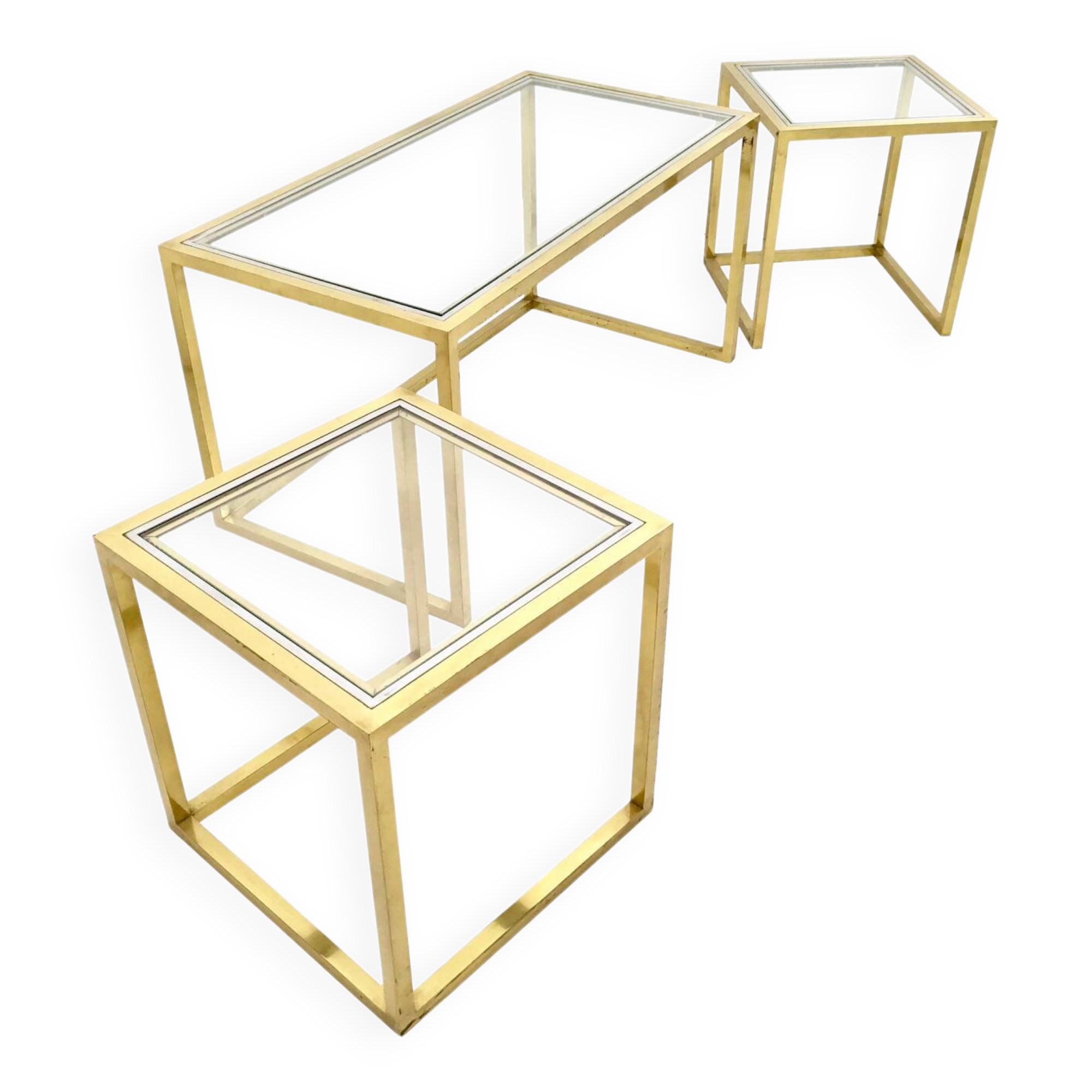 Set of Postmodern Brass, Steel and Glass Nesting Tables by Romeo Rega, Italy