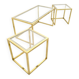 Ensemble de tables gigognes postmodernes en laiton, acier et verre par Romeo Rega, Italie