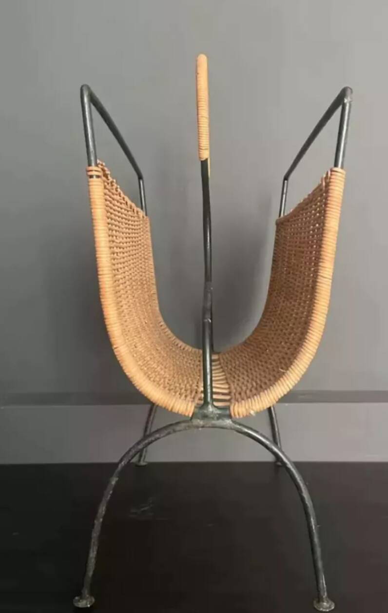 Wicker and lacquered metal magazine holder vintage 1950