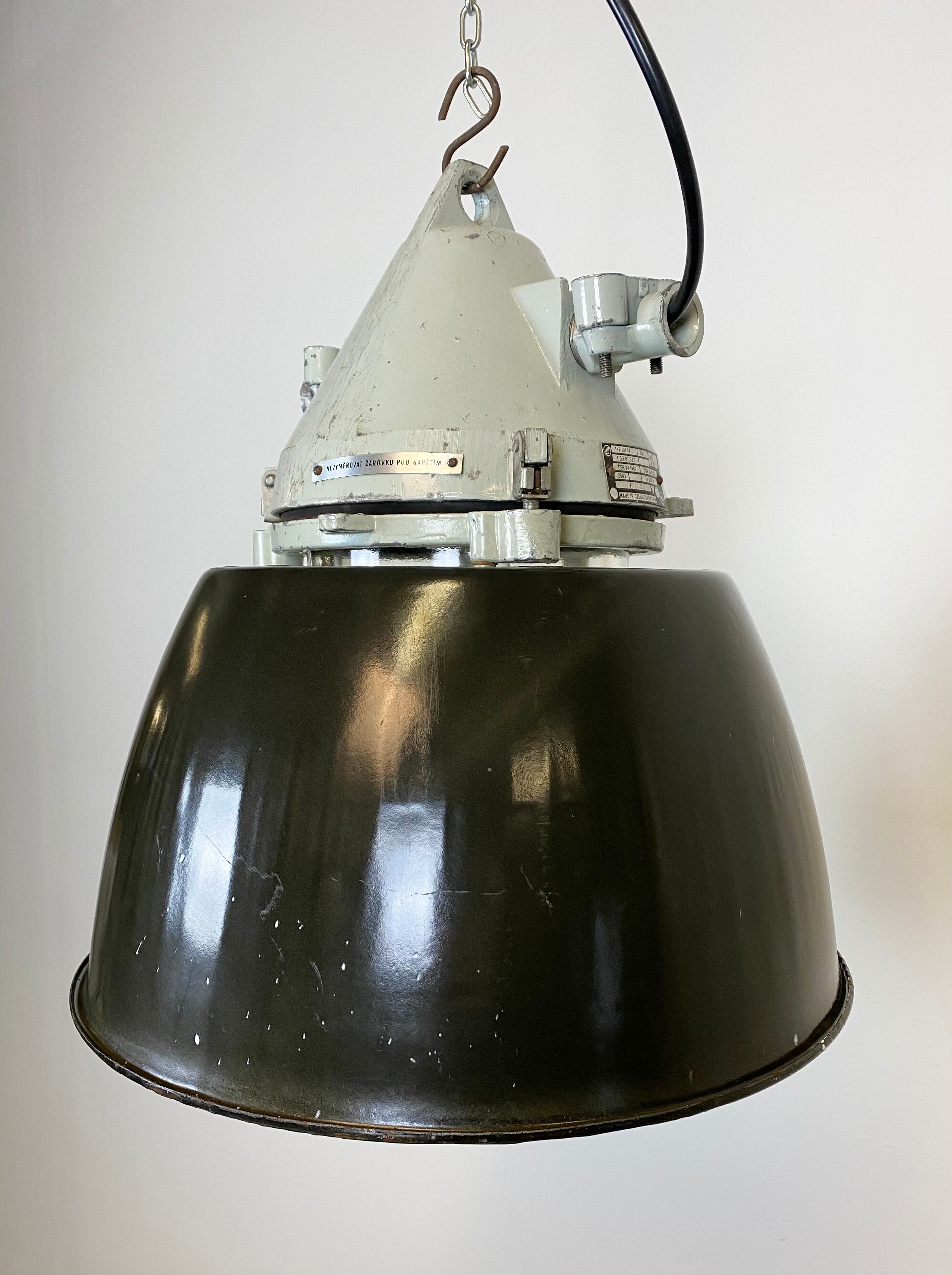 Grey cast aluminium explosion proof lamp with black enameled shade