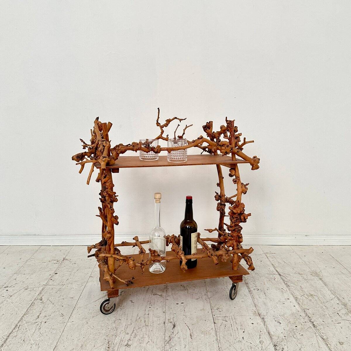 Mid-Century Bar Cart in Brown Burl, Plywood and Root Wood, 1960s