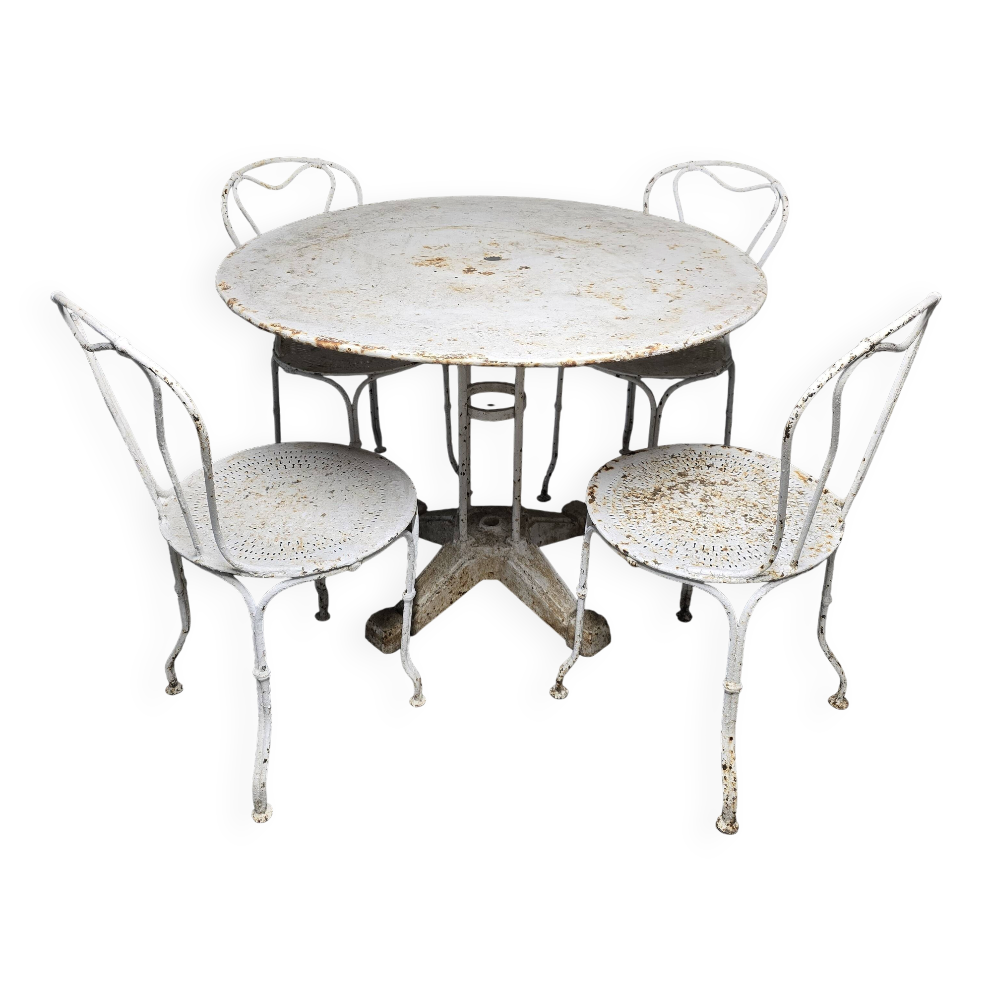 Antique painted wrought iron garden furniture, round table and four chairs.