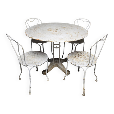 Salon de jardin ancien en fer forgé peint, table ronde et quatre chaises