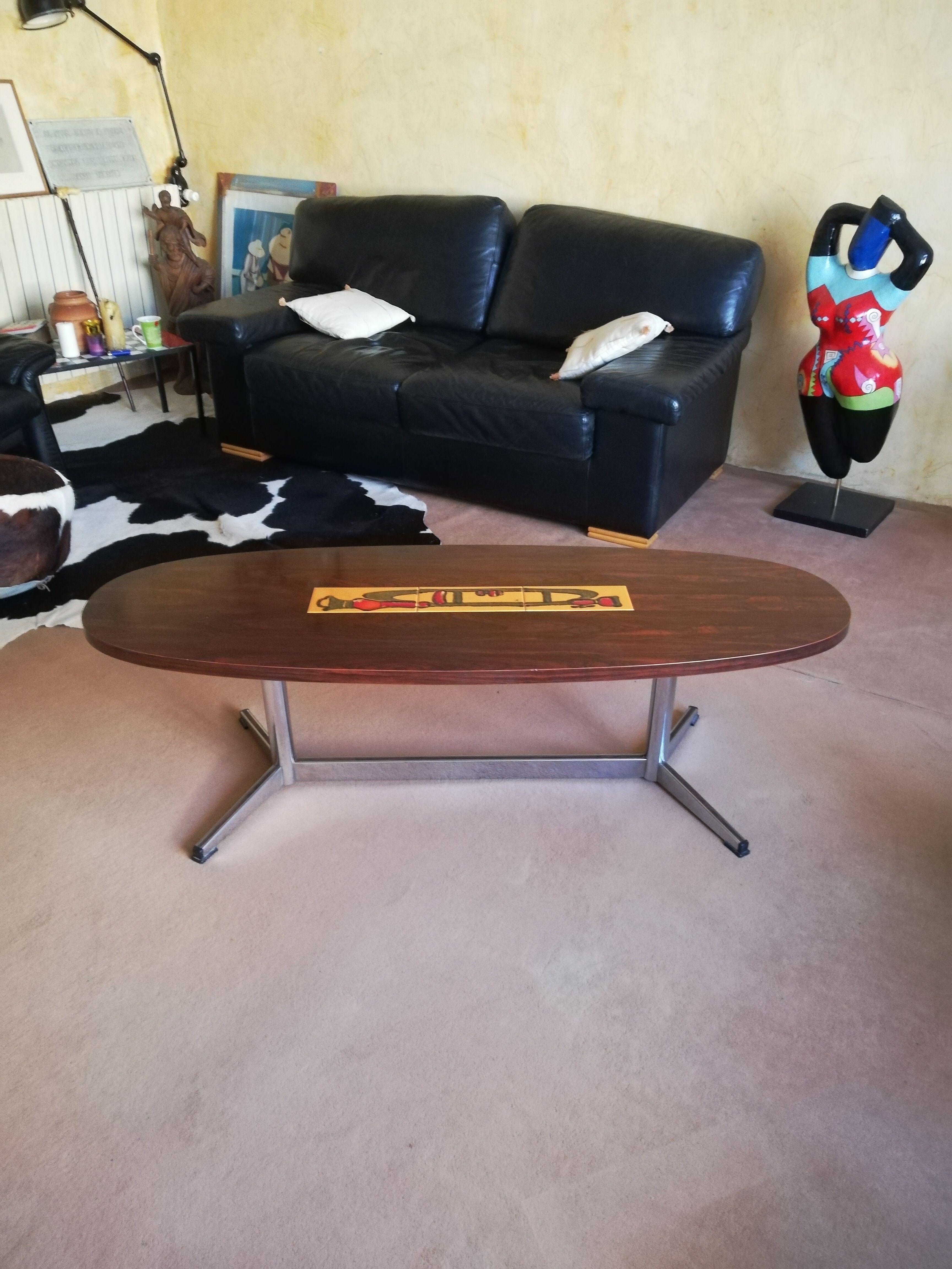Table basse vintage ovale palissandre et céramique