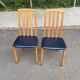 2 Scandinavian chairs in solid blond wood and blue imitation leather, 1970