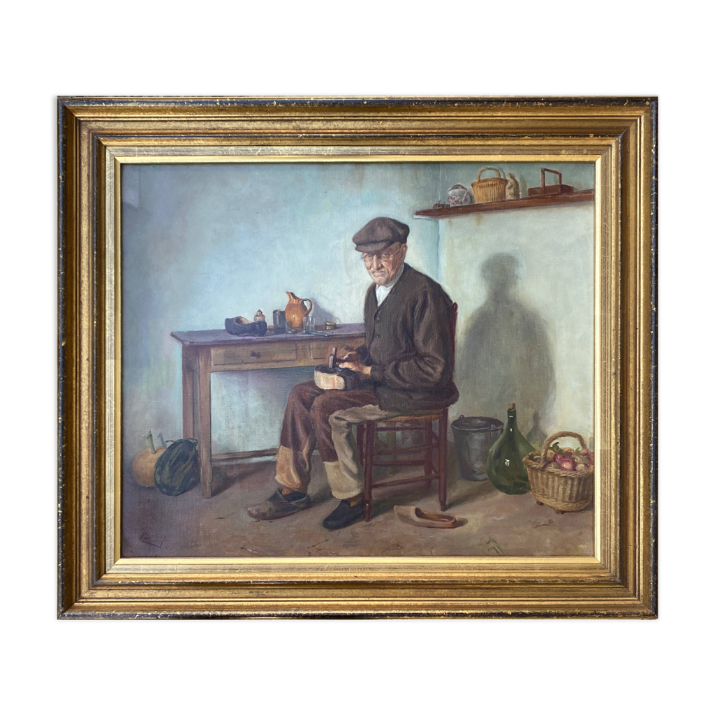 Tableau avec cadre Atelier du cordonnier signé Eugène Decisy 1931