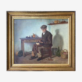 Tableau avec cadre Atelier du cordonnier signé Eugène Decisy 1931 58x67cm