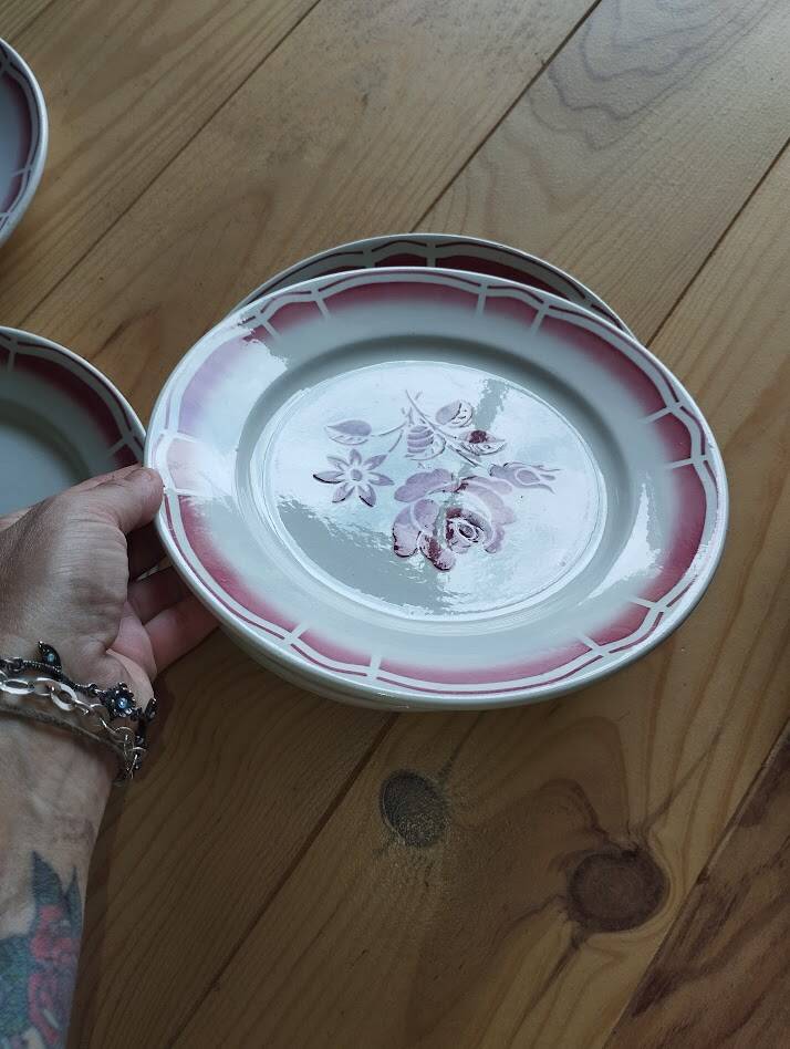 Charming set of 6 antique flat plates from the Badonviller factory.