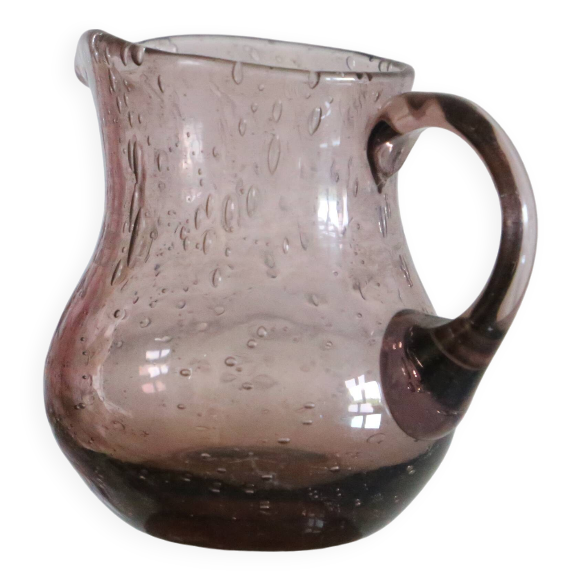Milk jug, creamer, Biot in bubbled glass, handcrafted, purple, vintage