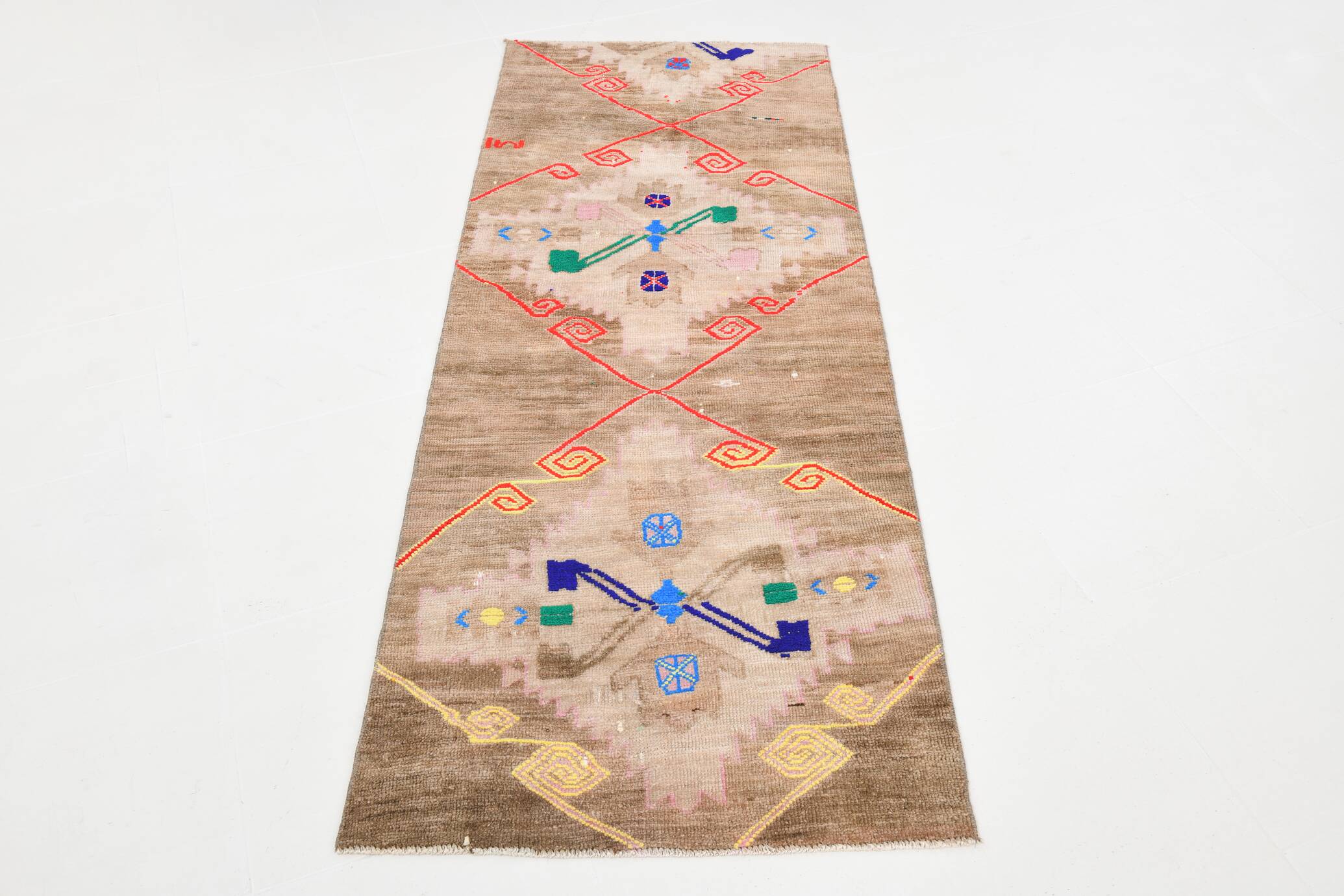 3x7 Vintage Brown & Pink Oriental Vintage Runner Rug, 82x210Cm