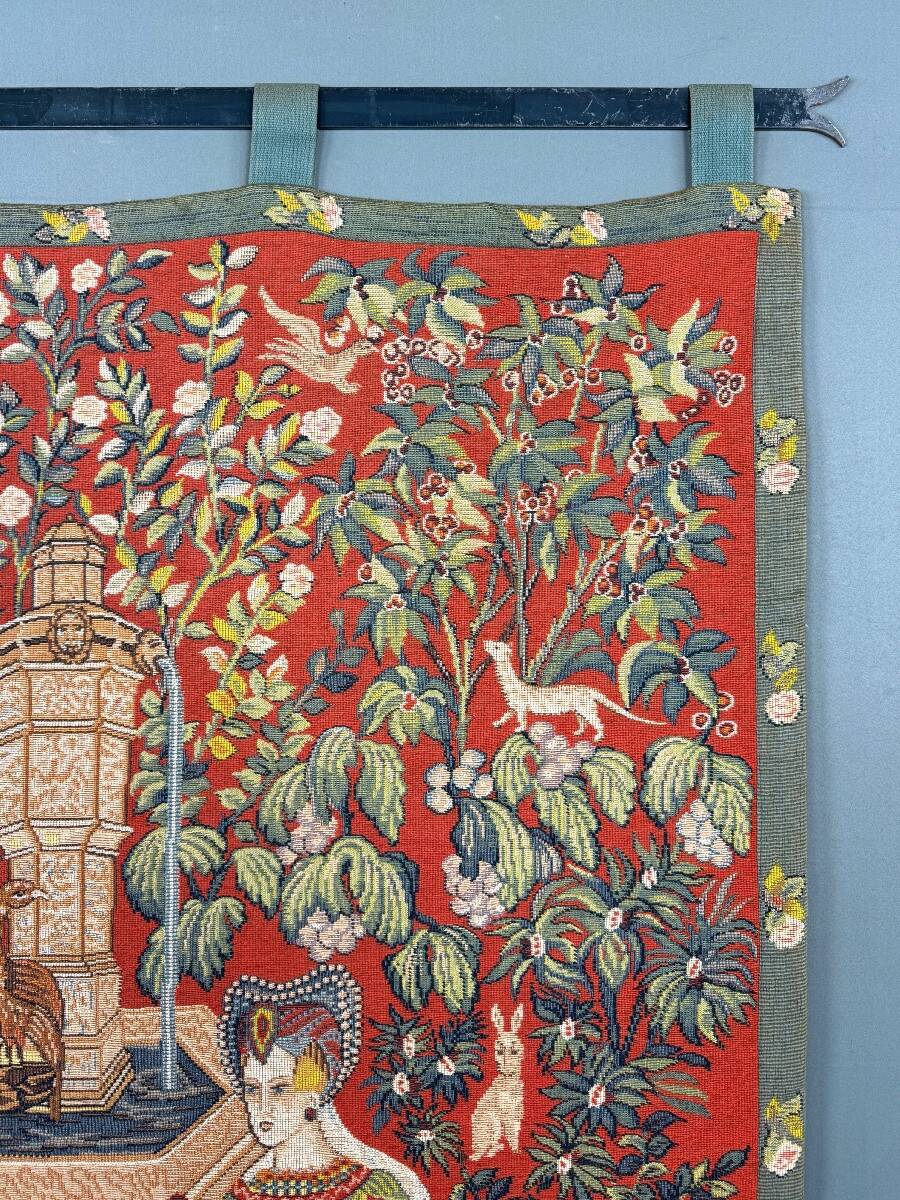 Medieval-style wall tapestry, courtly scene, 20th century