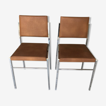 2 chaises vintage année 80 en métal et skai marron clair
