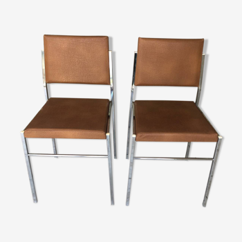 2 vintage chairs from the 80s in light brown metal and skai