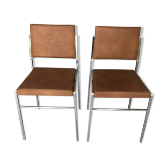 2 chaises vintage année 80 en métal et skai marron clair