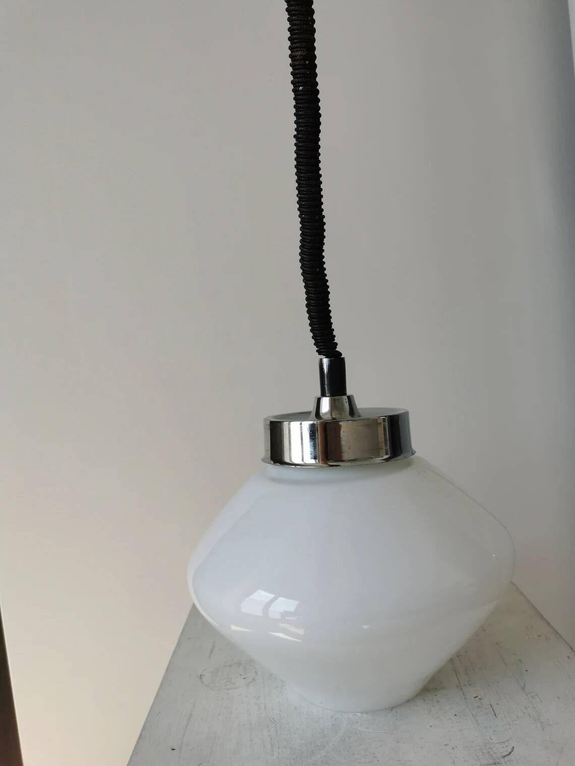 Vintage Pendant Glass Light / White Glass Retro Ceiling Lamp / Mid-century