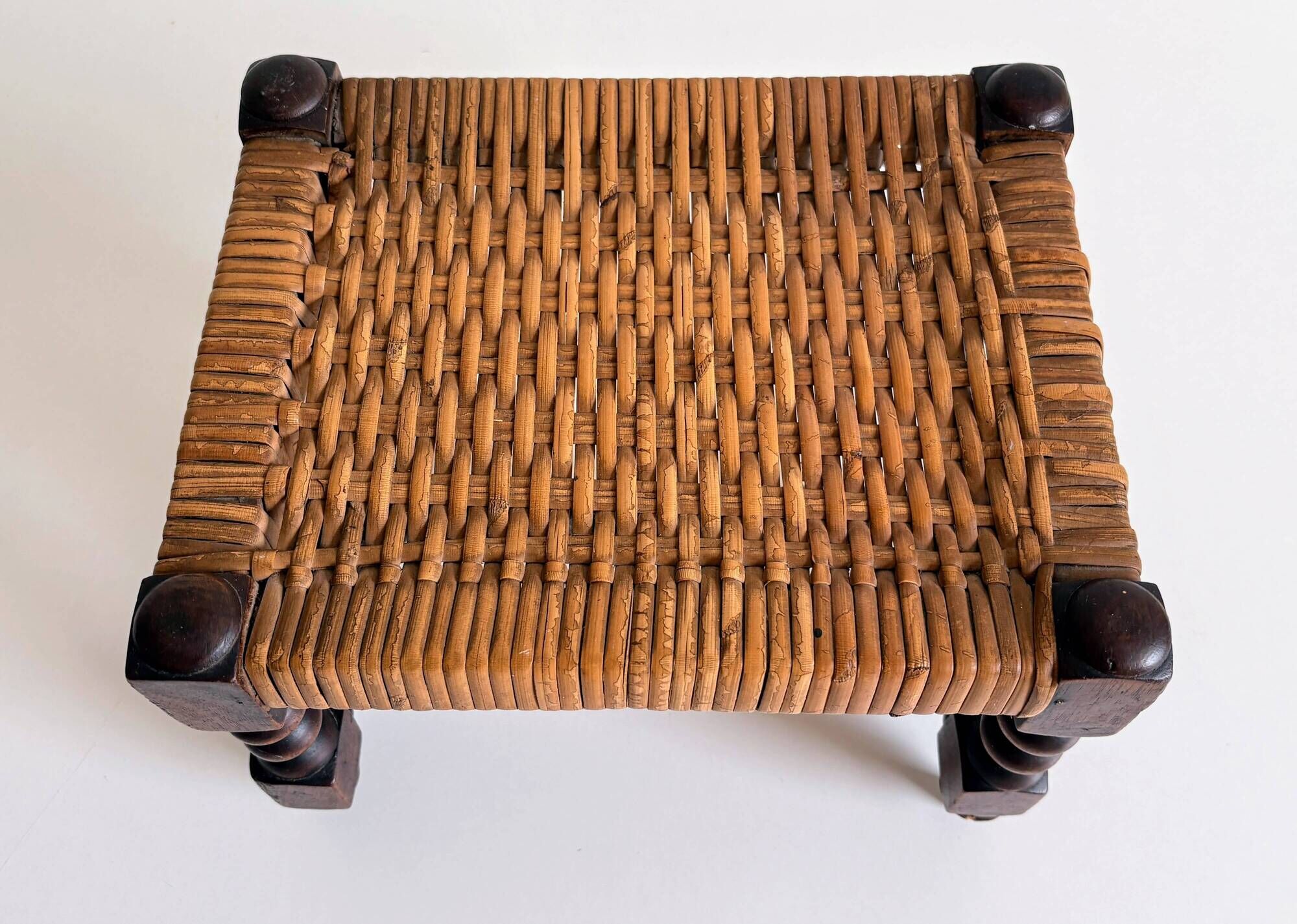 Antique French Turned Wood and Woven Rattan Footstool/ Sidetable