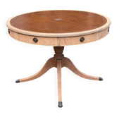 Table ronde extensible style empire cuir bordeaux rénovée bois brut 168cm