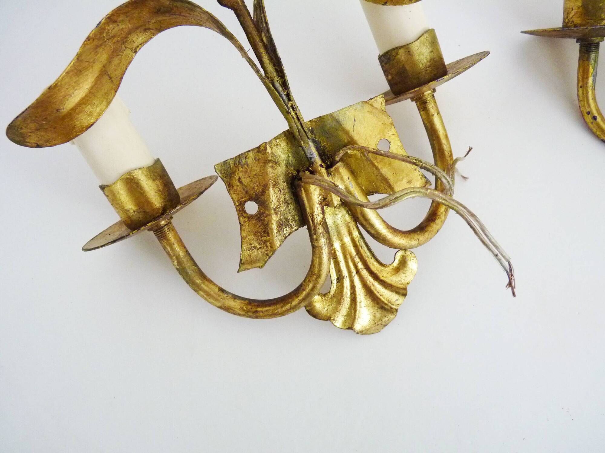 Pair of Italian wall lights with 2 gold leaf gilded arms. 70s 80s