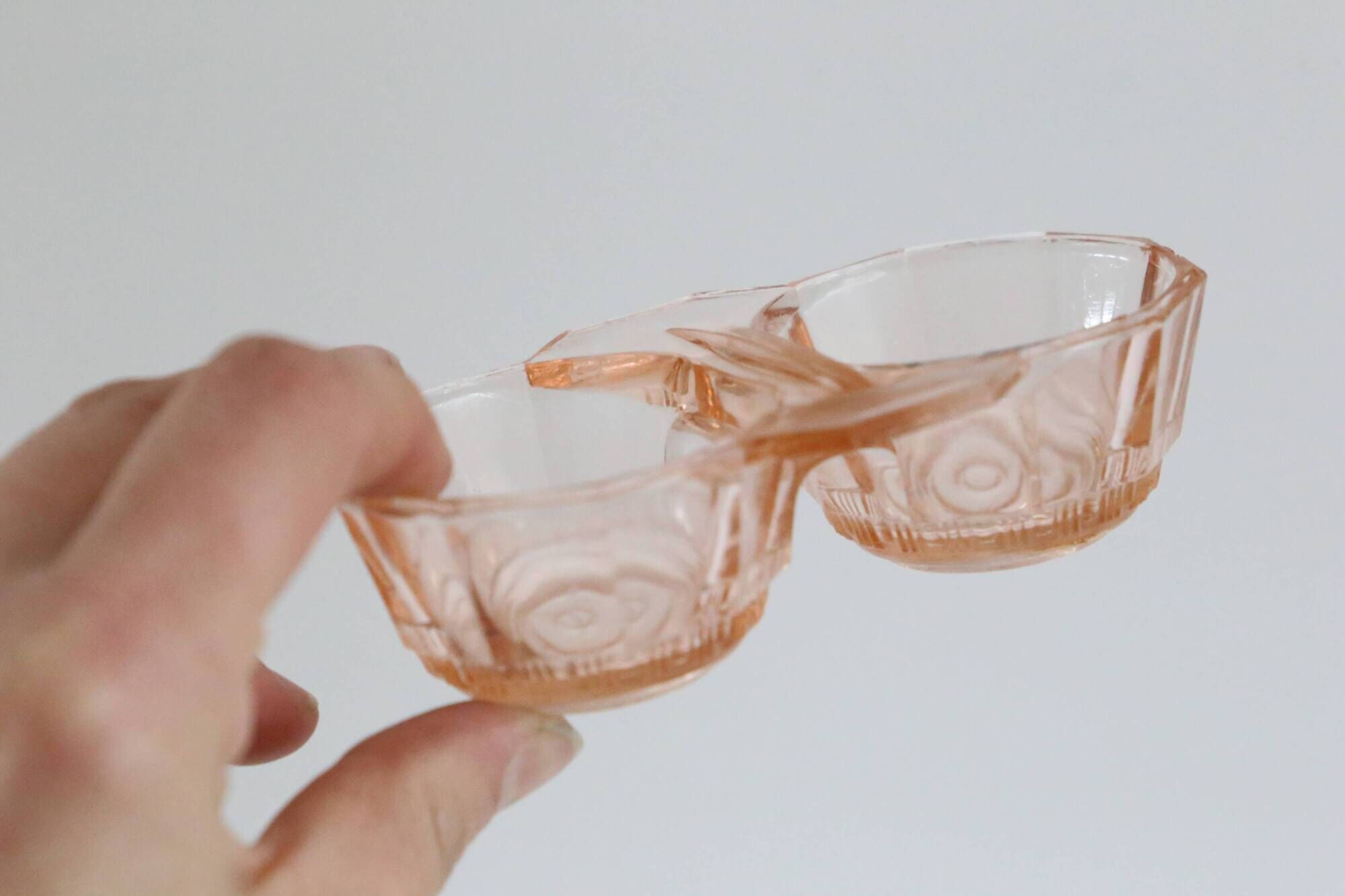 Salt and Pepper Set in pink glass, molded glass, vintage French, authentic