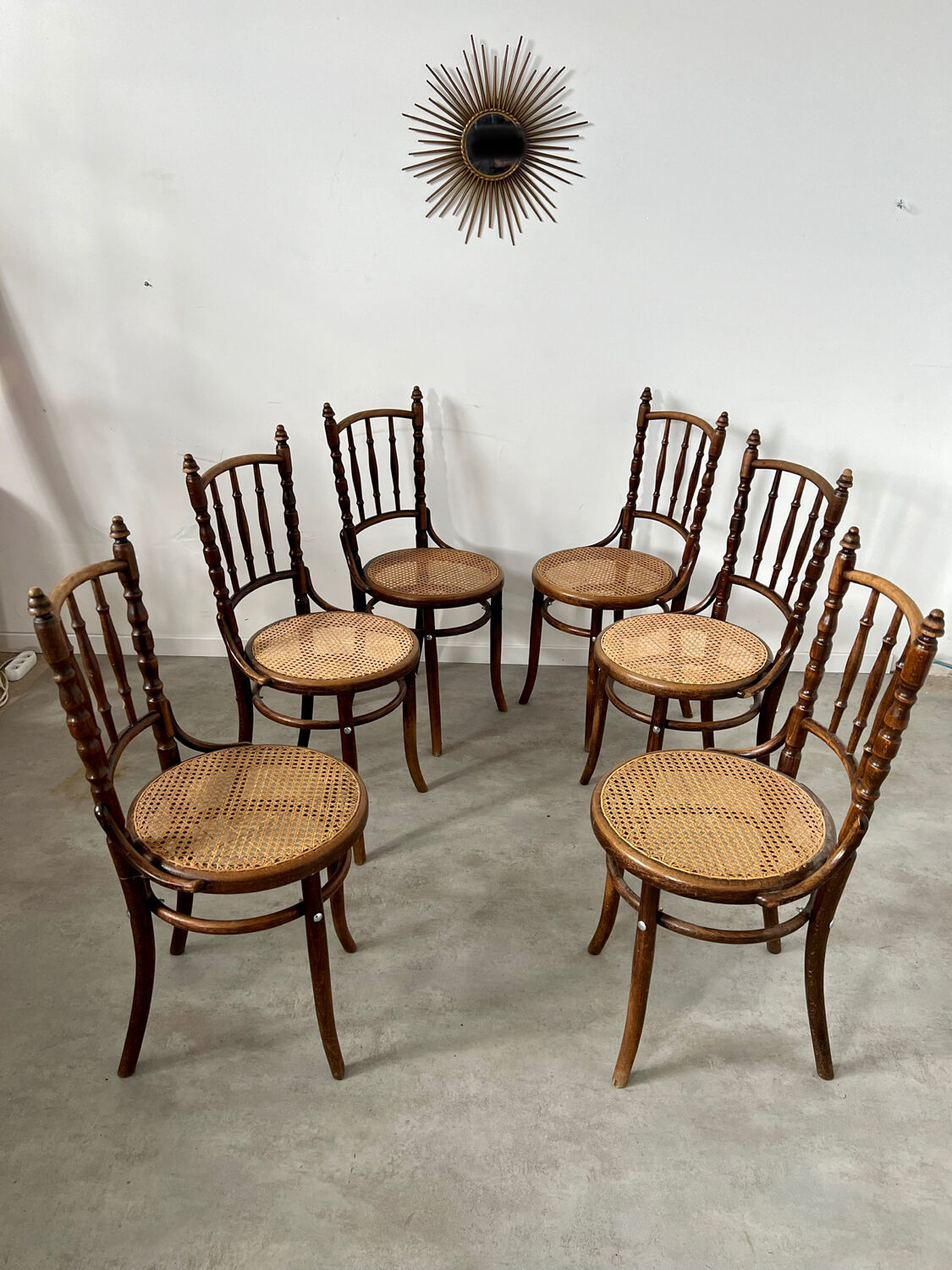 Lot 6 old vintage wooden bistro chairs brand Fischel early 20th century