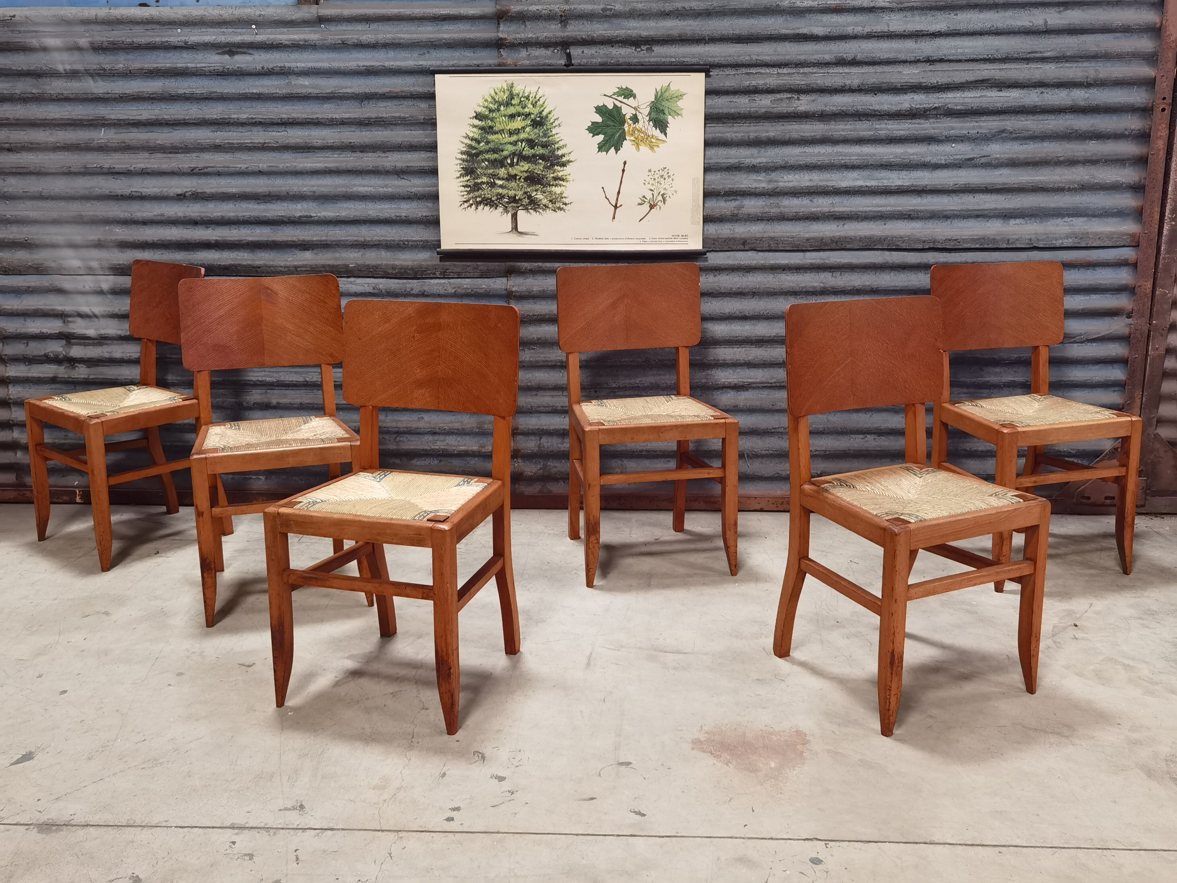 Set of 6 chairs straw wood reconstruction