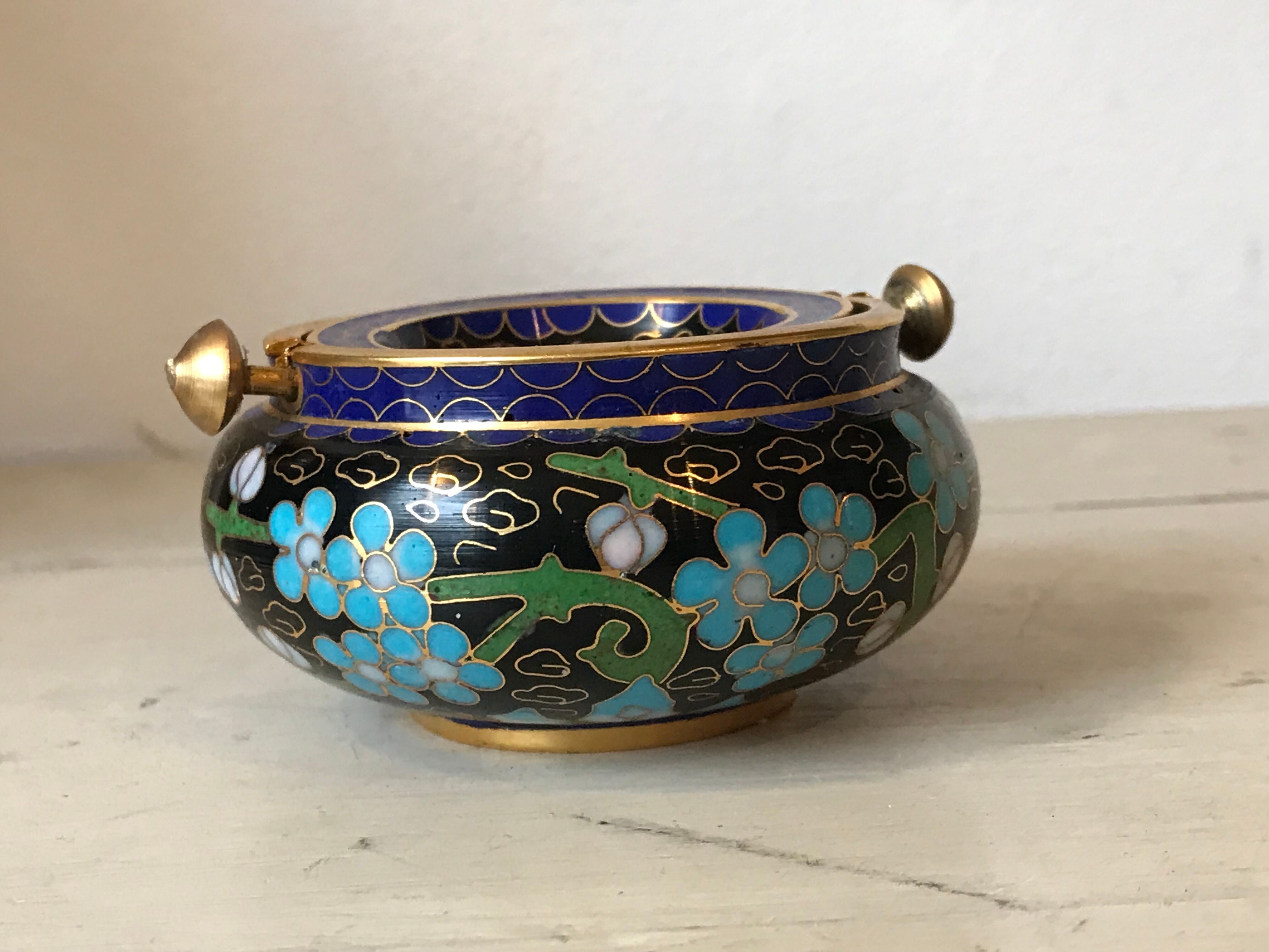 Ashtray burns incense in bronze enamelled floral decoration forget-me-not tones blue and black