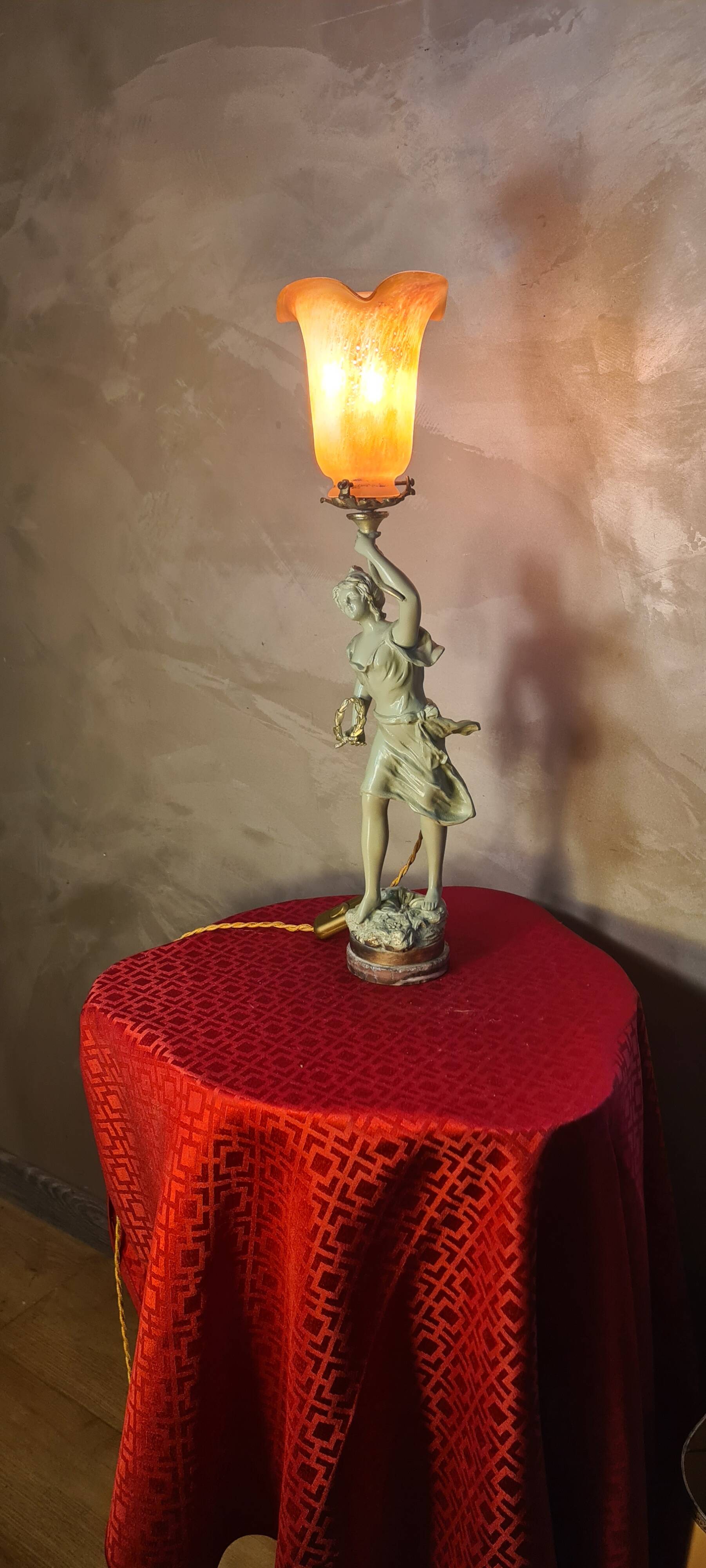 1900 brass lamp with glass paste tulip signed tief, 56x15