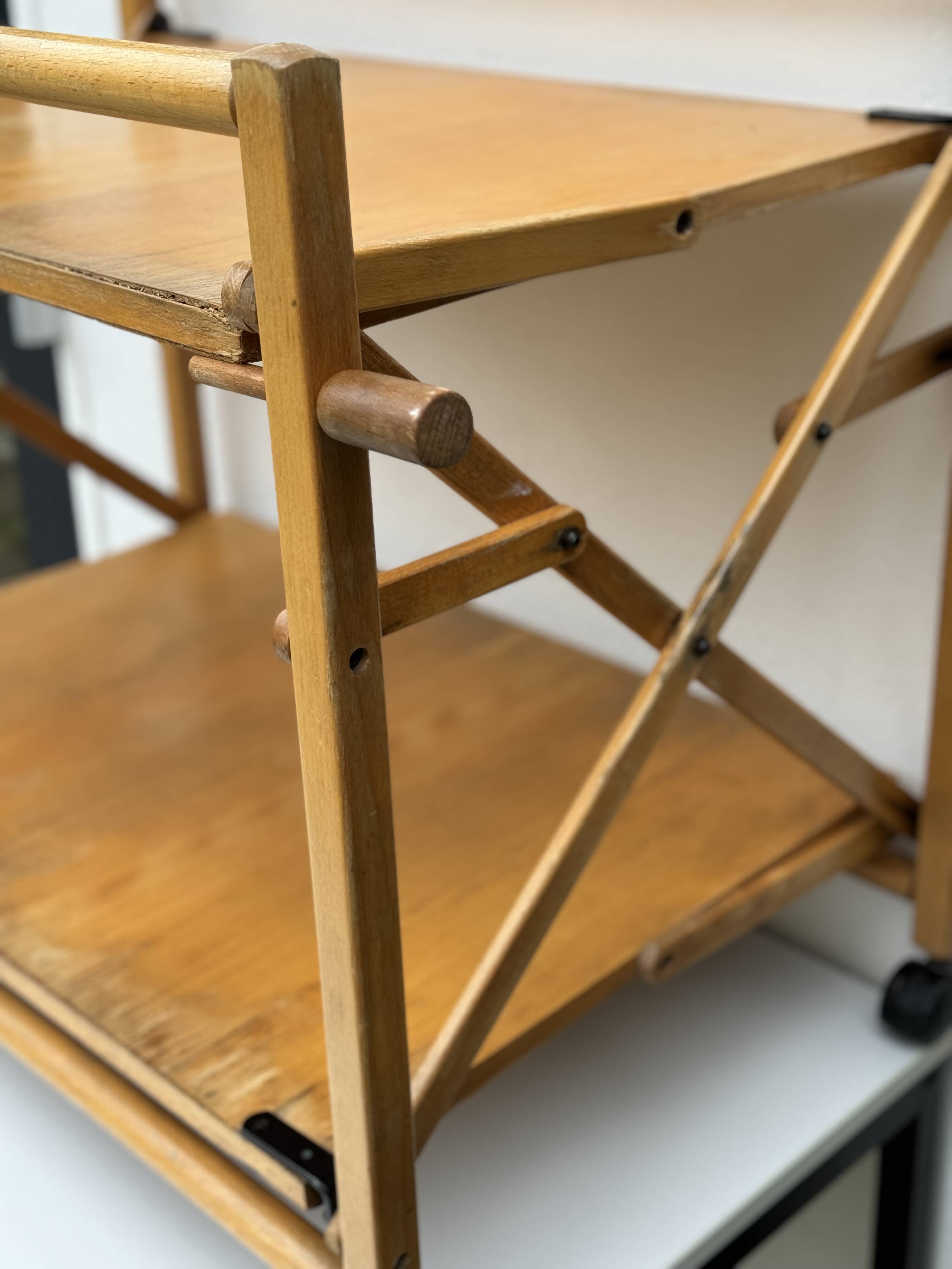 Vintage Foldable Pine Wood Serving Cart