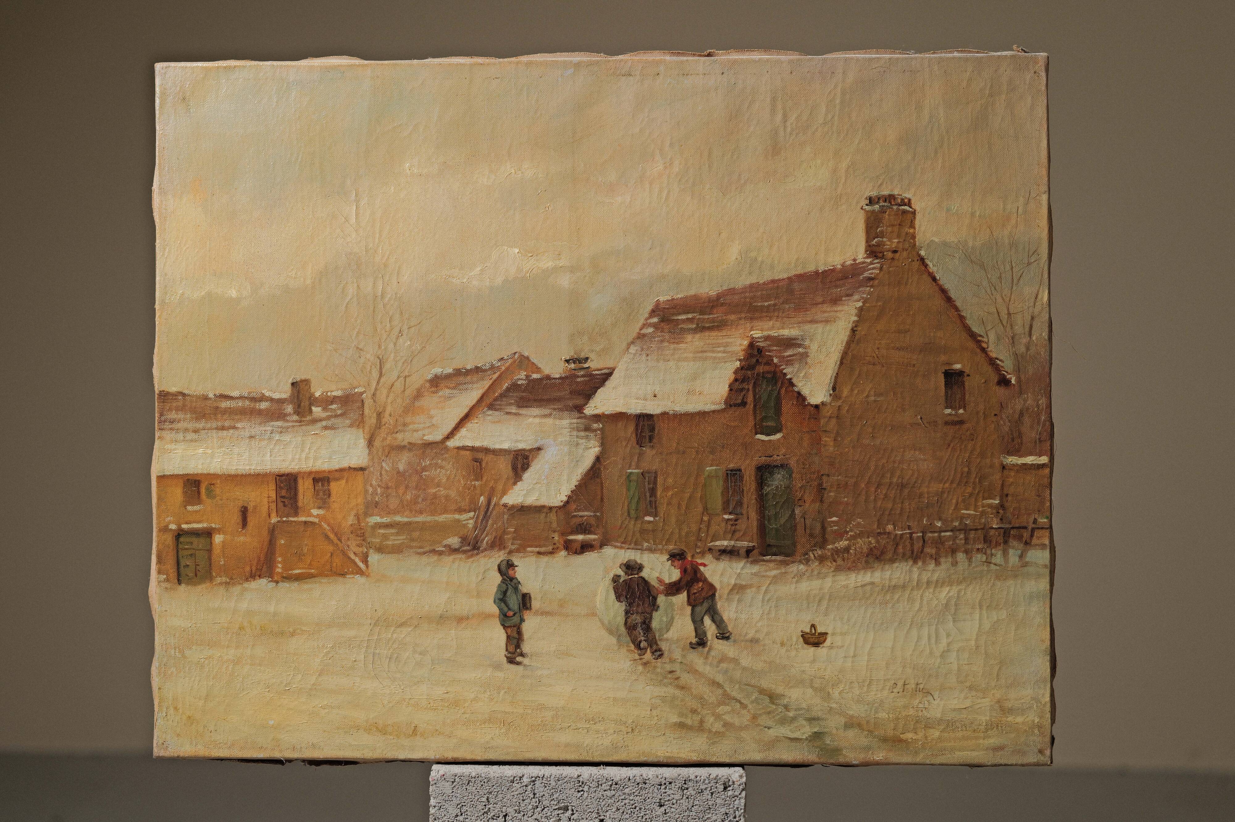 Children playing in the snow, oil on canvas, signed, circa 1900