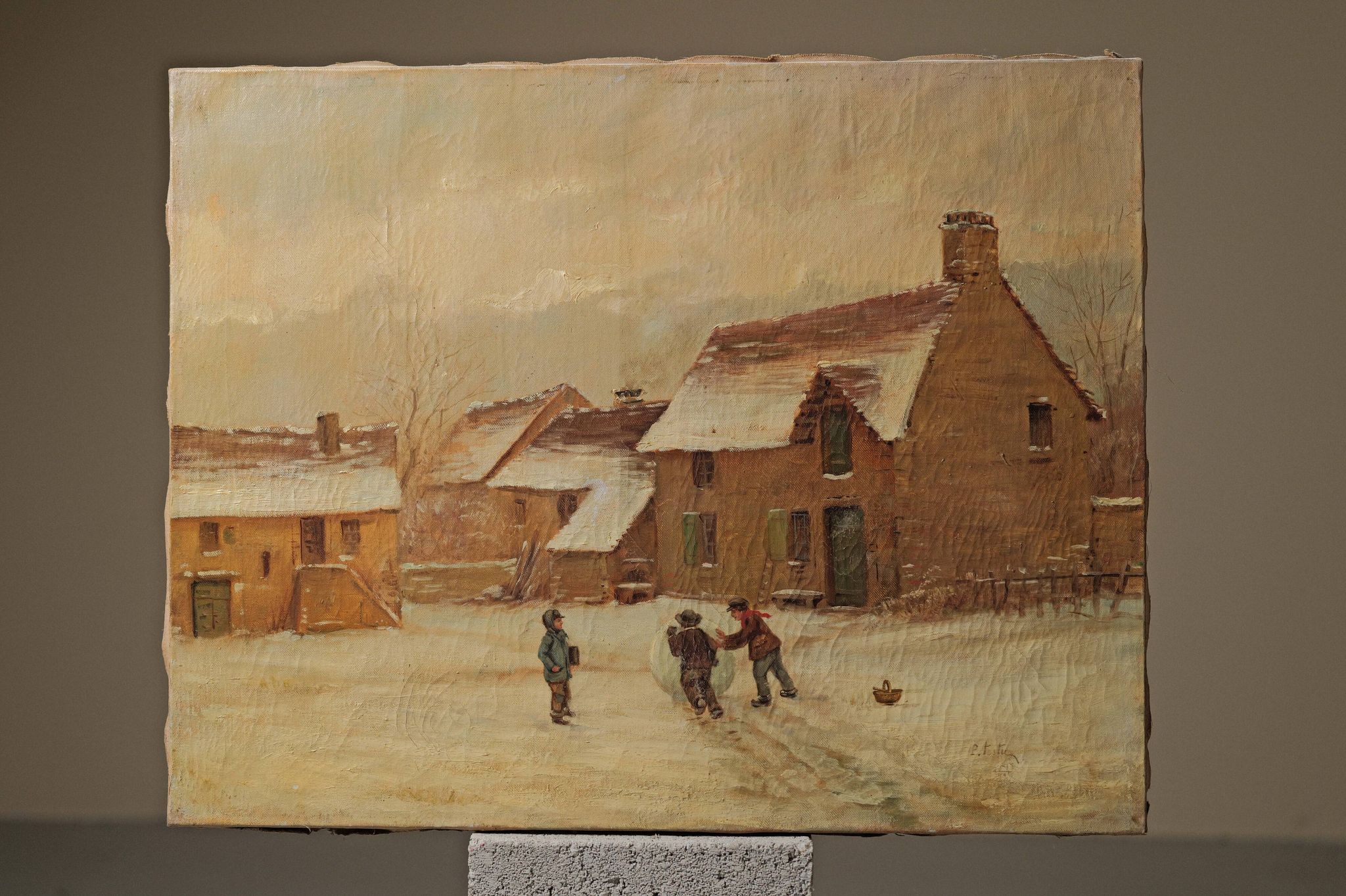 Enfants jouant dans la neige, huile sur toile, signée, vers 1900