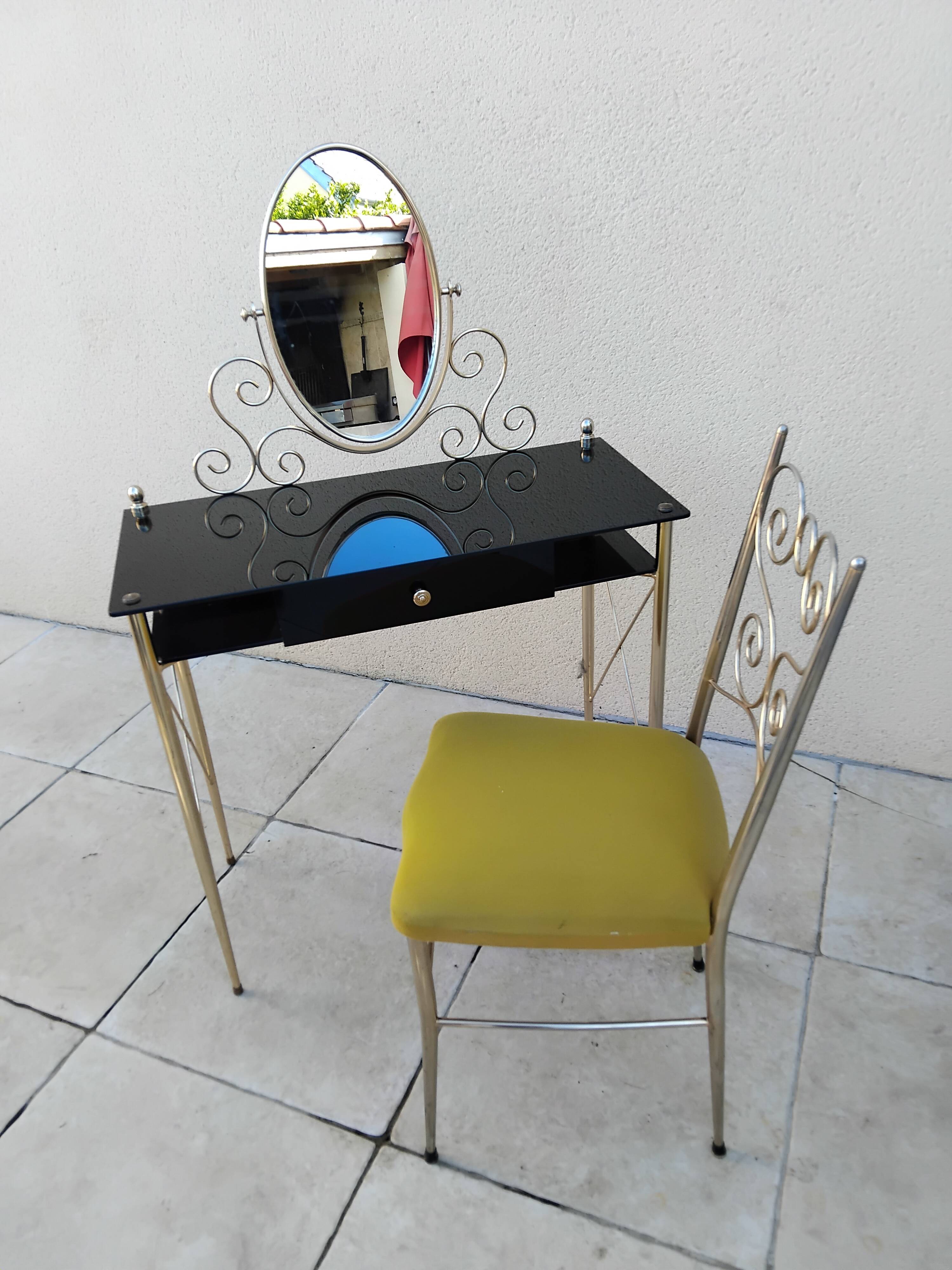Coiffeuse et chaise vintage verre et métal dorée