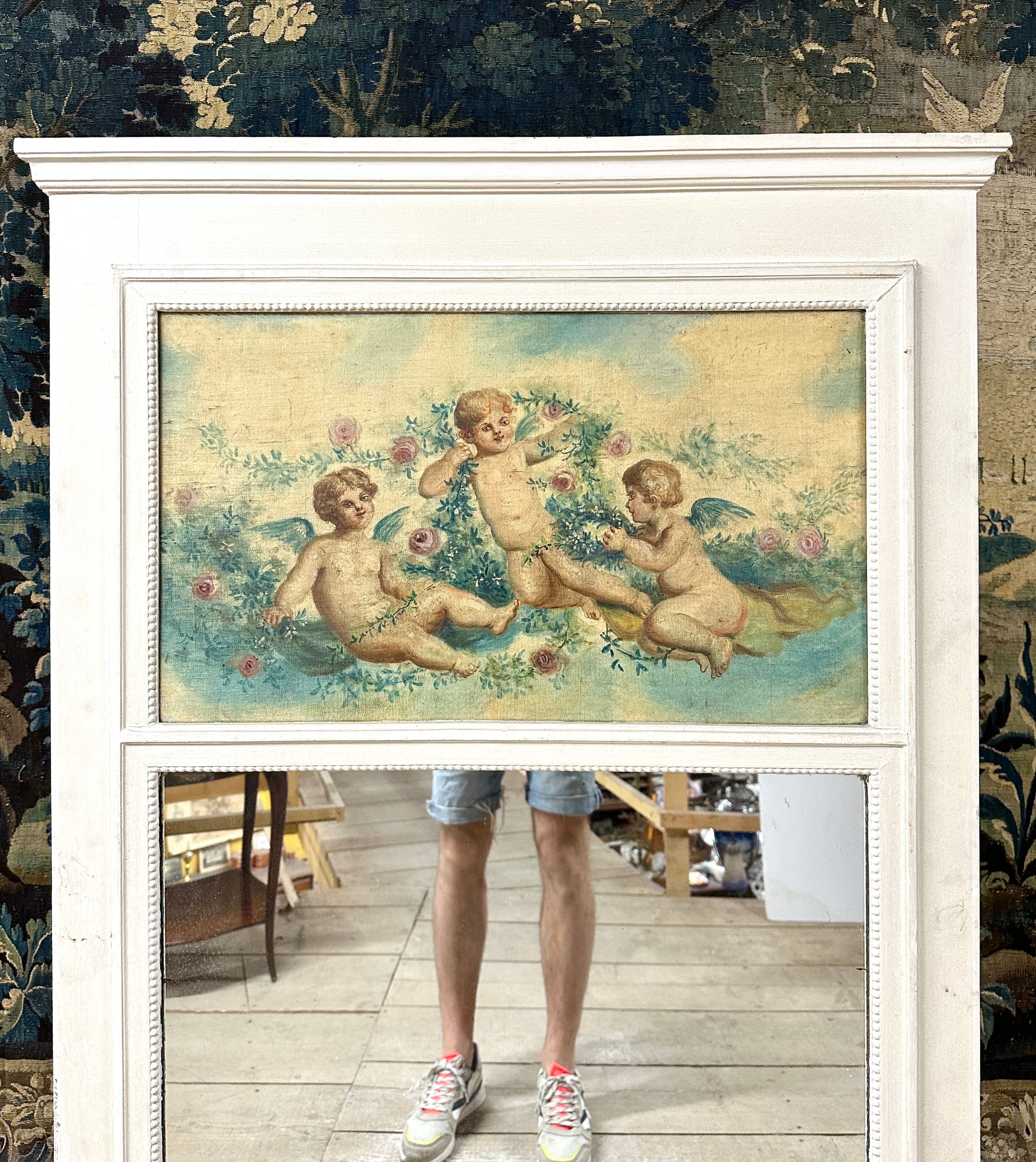 Fireplace Trumeau In White Lacquered Wood, Late 19th Century, Louis XVI Style