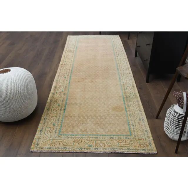 1970s Vintage Turkish Oushak Handmade Wool Cotton Orange Runner Rug 108x312