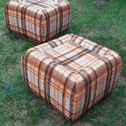 Pair of vintage 70s fabric coffee tables with glass tops